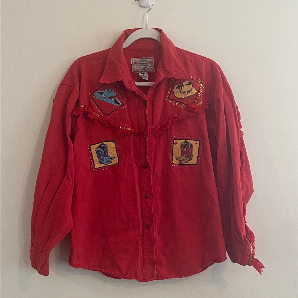 Vintage PS Gitano Western Button Down Shirt Red Fringe Rodeo 80s Cowboy Boots‎ M